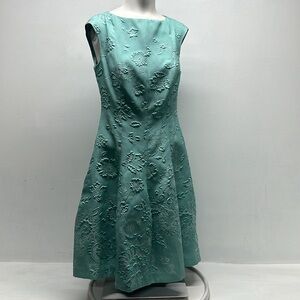 Talbot Runhof Dress Midi Fit Flare Sleeveless Floral 3D Embossed Teal Blue Small